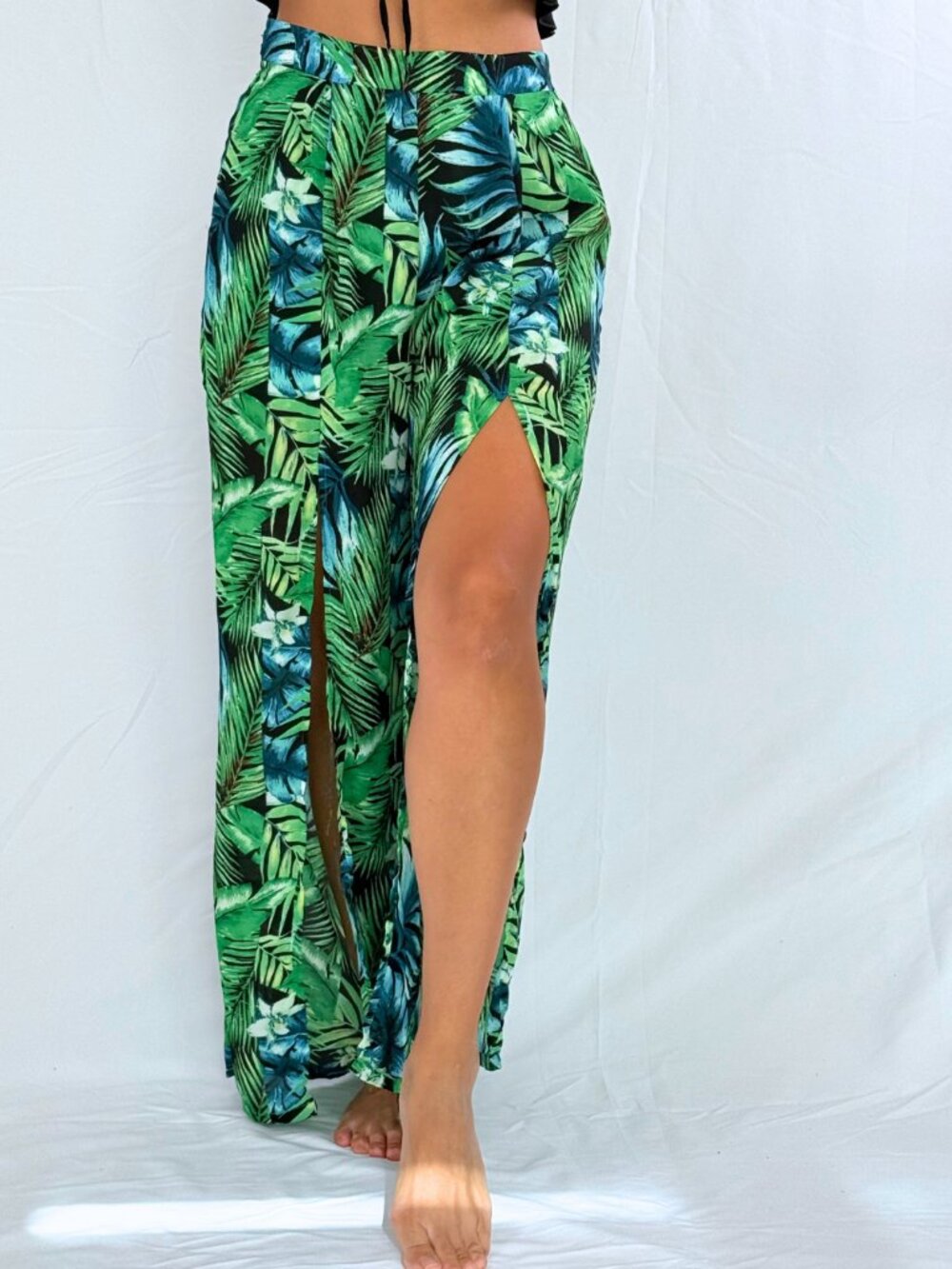 HYFVE Tropical Palm Print Wide Leg Pants | High Slit Beach Pants | M
